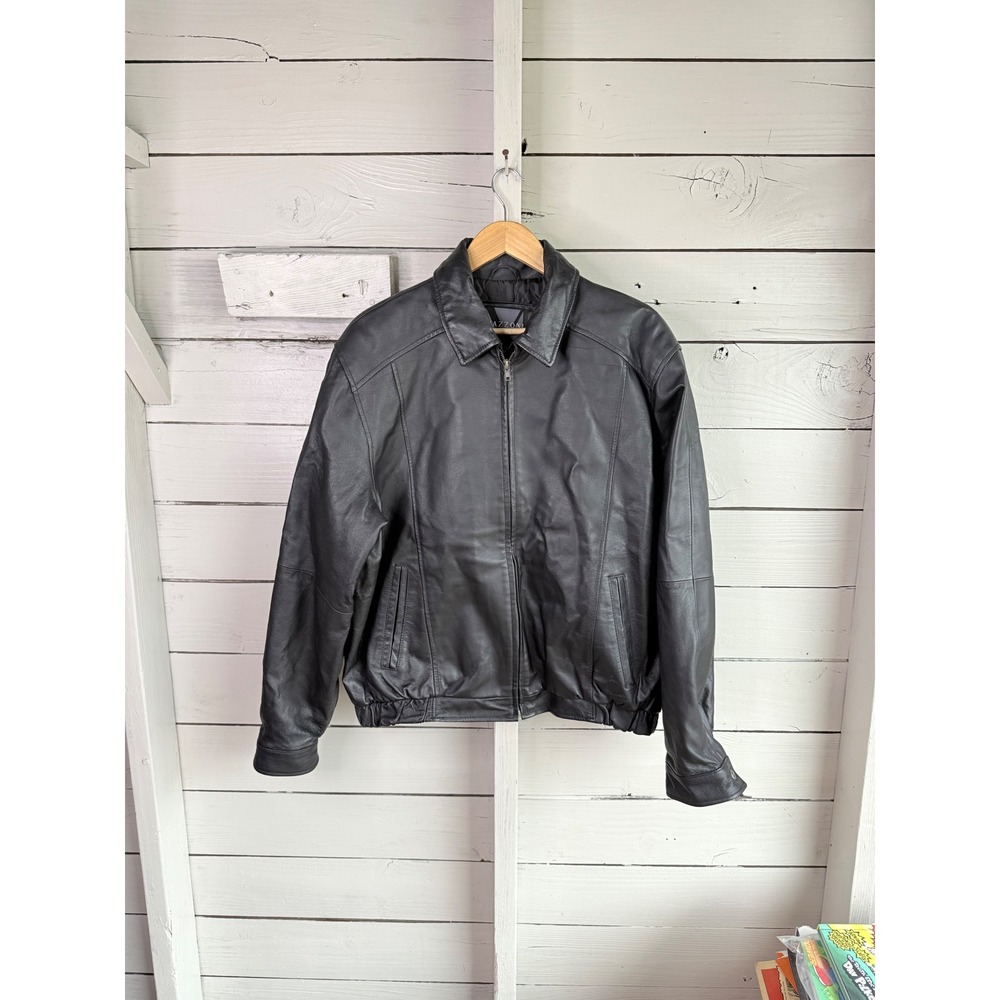 Mazzoni Mens Black Leather Bomber Jacket Quilted Lining Full Zip Size L